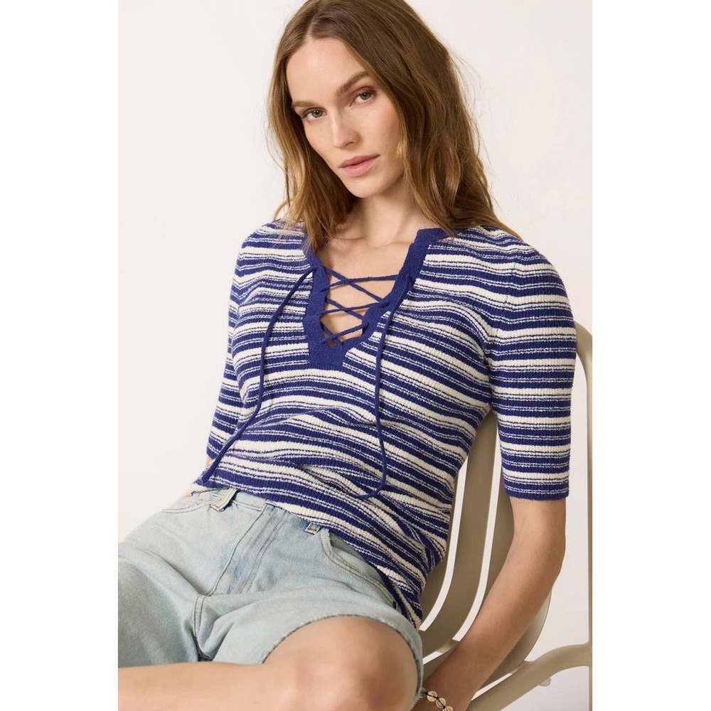 Evereve Xirena Farrah Blue White Striped Lace Up V-Neck Knit Top Small